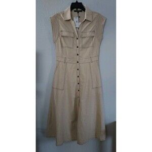 Strut And Bolt Sleeveless Tan Linen Rayon Midi Shirt Dress Button Up Large NEW